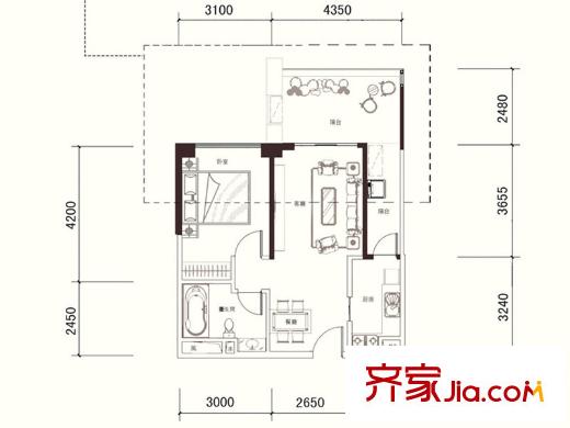 恒大都匯華庭1號樓B戶型標準層 1室2廳1衛(wèi)1廚