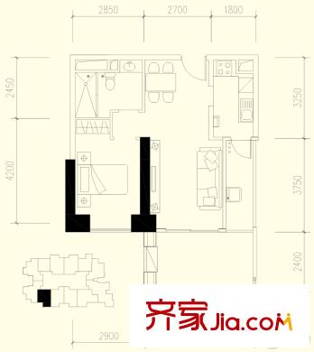 恒大都匯華庭2棟2單元5號房戶型偶數(shù)層 1室2廳1衛(wèi)1廚