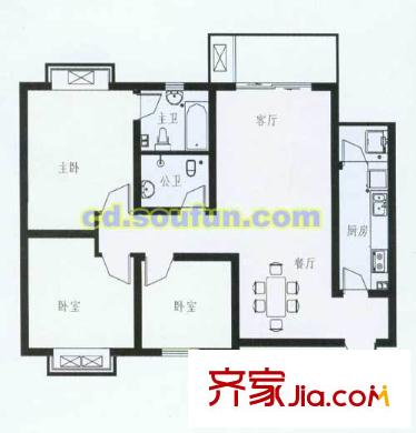 柳城陽光戶型圖B-1型 3室2廳2衛(wèi)1廚