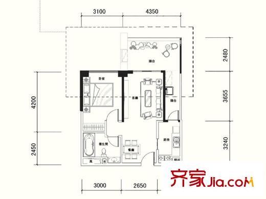 恒大都匯華庭1號樓B戶型標準層 1室2廳1衛(wèi)1廚