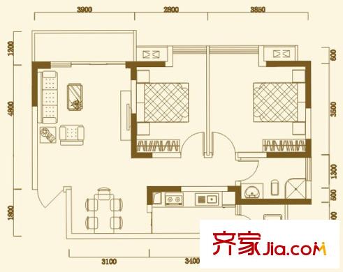 錦芙蓉一期8棟1單元標(biāo)準(zhǔn)層1#戶型 2室2廳1衛(wèi)1廚