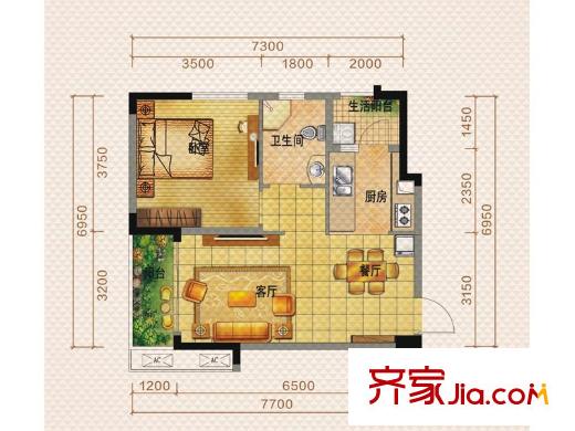 佳兆業(yè)8號一期1號樓標(biāo)準(zhǔn)層F1戶型（售罄） 1室2廳1衛(wèi)1廚