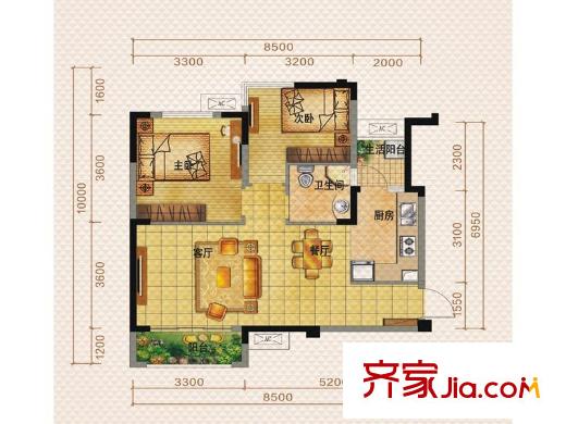 佳兆業(yè)8號一期2號樓標(biāo)準(zhǔn)層D1戶型（售罄） 2室2廳1衛(wèi)1廚