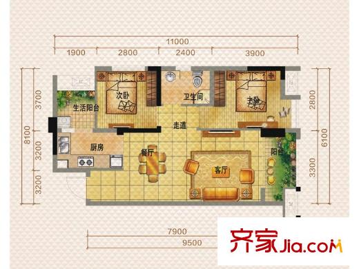 佳兆業(yè)8號一期1號樓標(biāo)準(zhǔn)層E1戶型（售罄） 2室2廳1衛(wèi)1廚