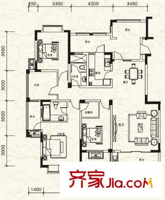 棕櫚湖國(guó)際社區(qū)21號(hào)樓F型多層洋房（電梯3-5層） 4室2廳2衛(wèi)1廚