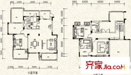 棕櫚湖國(guó)際社區(qū)14號(hào)樓F型多層洋房（6-7躍層） 4室2廳3衛(wèi)1廚