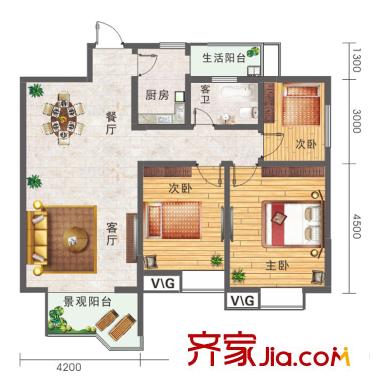 金陽美麗水景城麗景組團8號樓標準層107.32平方米戶型 3室2廳1衛(wèi)1廚