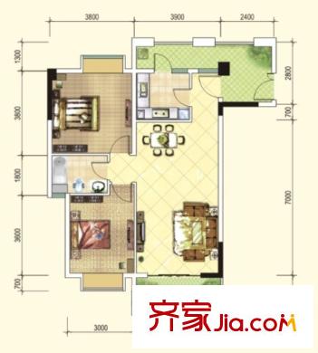金沙御苑一期1號樓標(biāo)準(zhǔn)層A戶型 2室2廳1衛(wèi)1廚