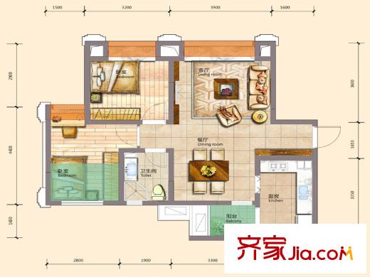 嘉和首座一期1-6號(hào)樓標(biāo)準(zhǔn)層A戶型 2室2廳1衛(wèi)1廚