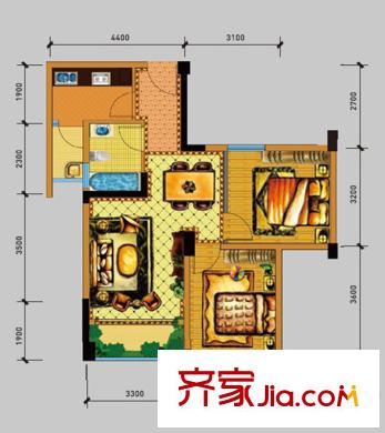 空港騎士郡一期5號(hào)樓標(biāo)準(zhǔn)層B1戶型 2室2廳1衛(wèi)1廚