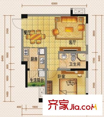 佳兆業(yè)8號一期1號樓標(biāo)準(zhǔn)層F戶型（售罄） 1室2廳1衛(wèi)1廚