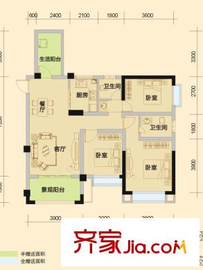 南城香山一期1、2號樓標(biāo)準(zhǔn)層C1戶型 3室2廳2衛(wèi)1廚