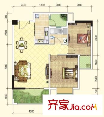 金沙御苑一期1號樓標(biāo)準(zhǔn)層C戶型 2室2廳1衛(wèi)1廚