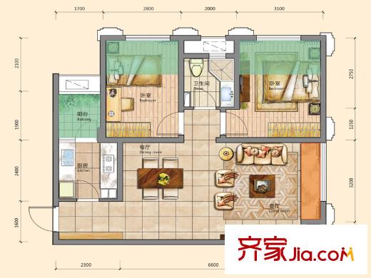 嘉和首座一期6號(hào)樓標(biāo)準(zhǔn)層D戶型 2室2廳1衛(wèi)1廚