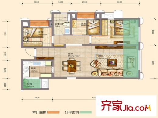 嘉和首座一期1-6號樓標(biāo)準(zhǔn)層C戶型 3室2廳1衛(wèi)1廚