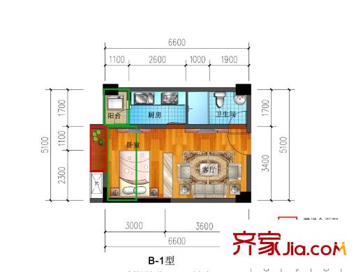 名城金典一期1棟標(biāo)準(zhǔn)層B-1戶型 1室1廳1衛(wèi)1廚