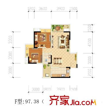 西江河畔1期5號(hào)樓標(biāo)準(zhǔn)層F戶型圖 2室2廳1衛(wèi)1廚