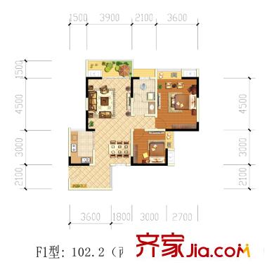 西江河畔1期5號(hào)樓標(biāo)準(zhǔn)層F1戶型圖 2室2廳1衛(wèi)1廚