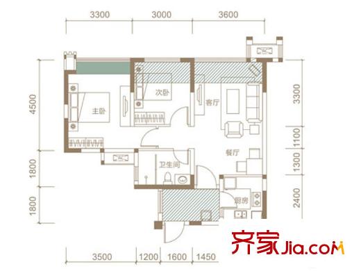 首座MAX一期一號樓標準層A2戶型 2室2廳1衛(wèi)1廚