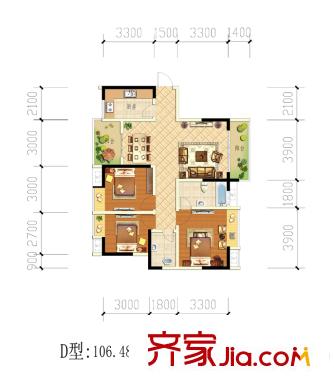 西江河畔1期5號(hào)樓標(biāo)準(zhǔn)層D戶型圖 3室2廳2衛(wèi)1廚