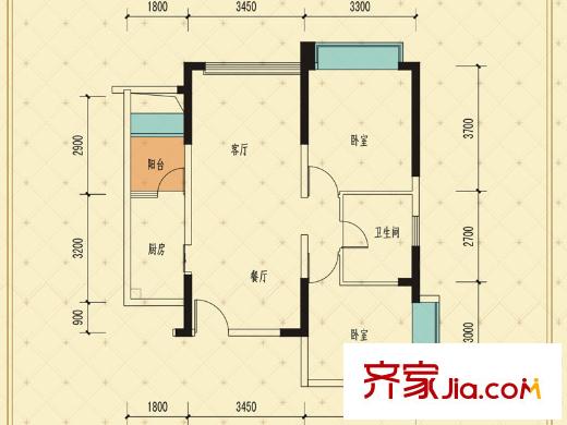飛大壹號廣場一期1棟標準層E戶型 2室2廳1衛(wèi)1廚