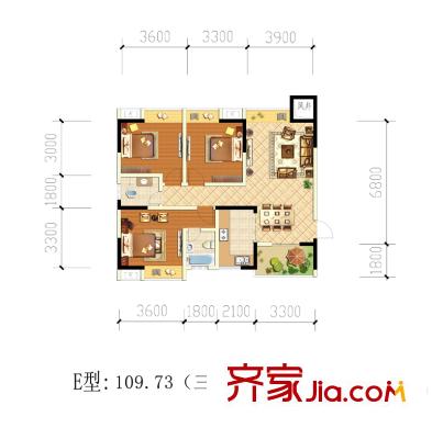 西江河畔1期5號(hào)樓標(biāo)準(zhǔn)層E戶型圖 3室2廳1衛(wèi)1廚