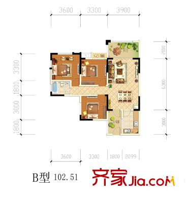 西江河畔1期4號(hào)樓標(biāo)準(zhǔn)層B戶型圖 3室2廳1衛(wèi)1廚