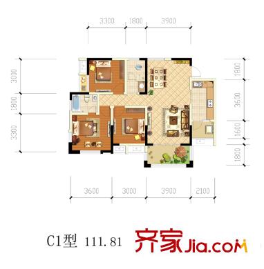 西江河畔1期4號(hào)樓標(biāo)準(zhǔn)層C1戶型圖 3室2廳2衛(wèi)1廚