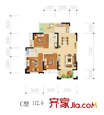 西江河畔1期4號(hào)樓標(biāo)準(zhǔn)層C戶型圖 3室2廳2衛(wèi)1廚