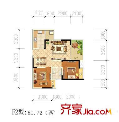 西江河畔1期5號(hào)樓標(biāo)準(zhǔn)層F2戶型圖 2室2廳1衛(wèi)1廚