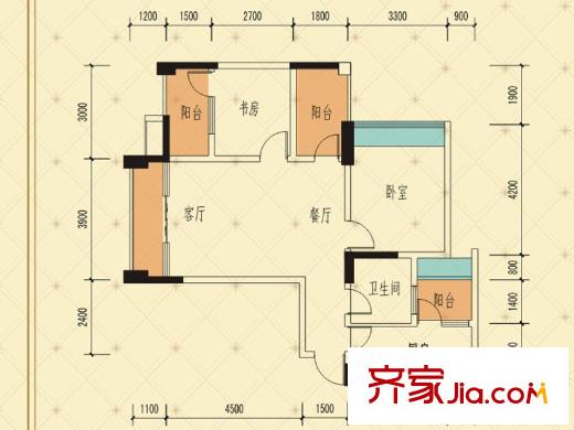 飛大壹號廣場一期1棟標準層C戶型 2室2廳1衛(wèi)1廚