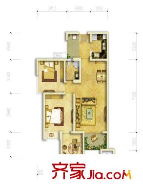 仁和香榭廣場一期1號樓標準層A4戶型圖 3室2廳1衛(wèi)1廚
