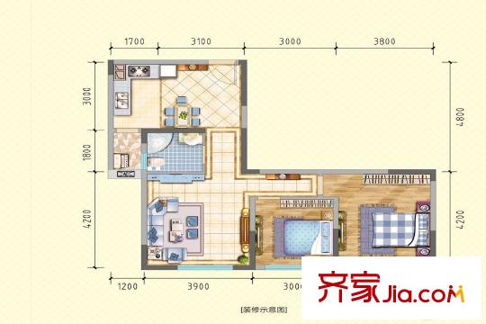 潤萊金座1棟2棟標準層C戶型 2室2廳1衛(wèi)1廚