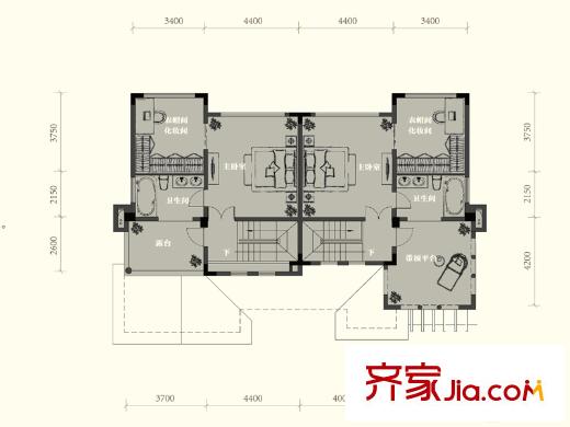 黃龍溪谷1期1號樓三層C2戶型 3室2廳4衛(wèi)1廚