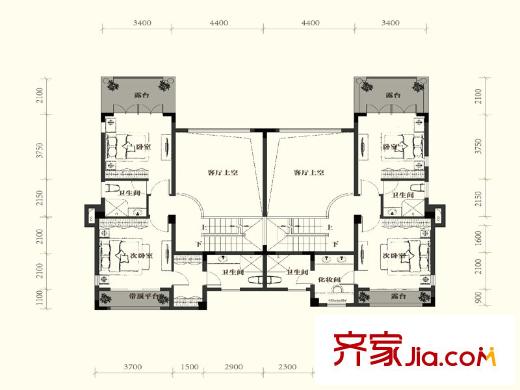 黃龍溪谷1期1號樓二層C2戶型 3室2廳4衛(wèi)1廚