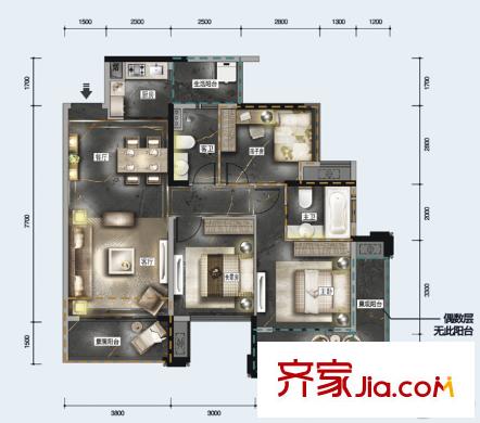 中德英倫世邦F區(qū)2號(hào)樓標(biāo)準(zhǔn)層F戶型 3室2廳2衛(wèi)1廚