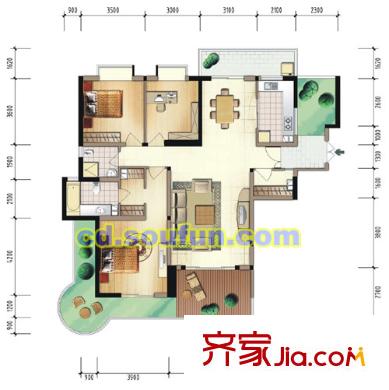盛南領(lǐng)地戶型圖B1型 3室2廳2衛(wèi)1廚