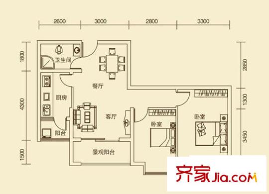 圣高金都戶型圖B 2室2廳1衛(wèi)