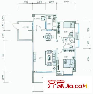 紅帆藍(lán)調(diào)戶型圖一期2號(hào)樓C戶型 2室2廳1衛(wèi)1廚