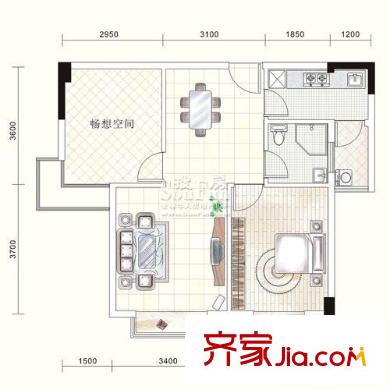 三和南錦戶型圖二棟（電梯）B型 1室2廳1衛(wèi)1廚