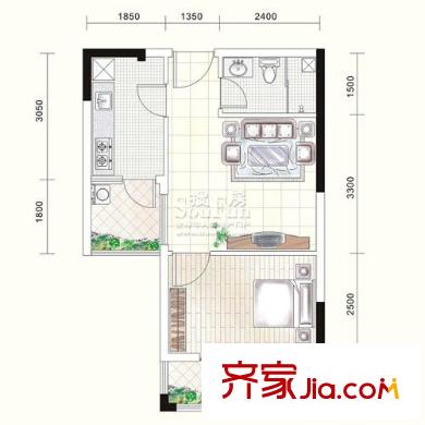 三和南錦戶型圖二棟（電梯）A型 1室1廳1衛(wèi)1廚