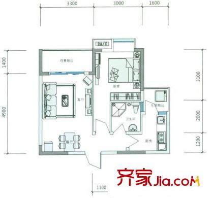 紅帆藍(lán)調(diào)戶型圖一期2號(hào)樓D戶型 1室2廳1衛(wèi)1廚