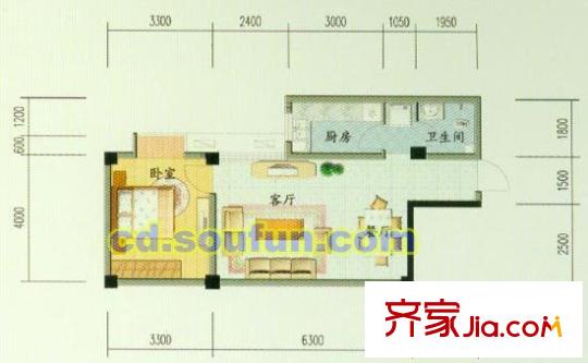 云翔金谷戶型圖A型 1室2廳1衛(wèi)1廚