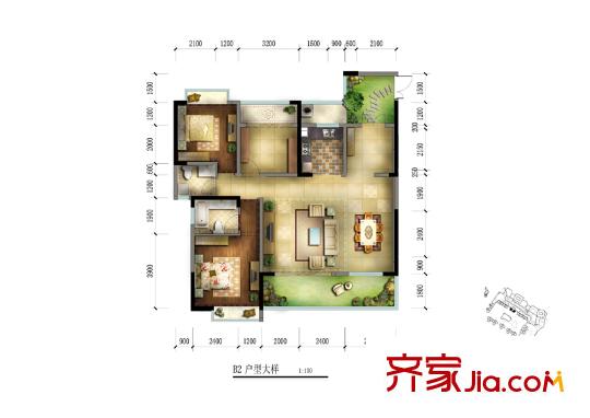天來國際廣場戶型圖一期3號(hào)樓標(biāo)準(zhǔn)層B2戶型 3室2廳2衛(wèi)1廚