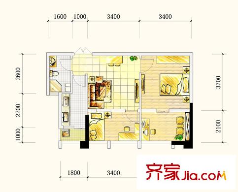 三度空間戶型圖A棟A2戶型圖 2室1廳1衛(wèi)1廚