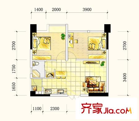 三度空間戶型圖A棟A1戶型圖 2室1廳1衛(wèi)1廚