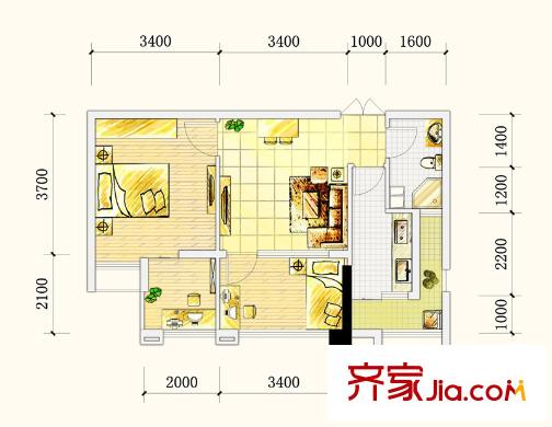 三度空間戶型圖A棟A2(a)戶型圖 2室1廳1衛(wèi)1廚