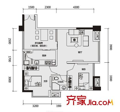 三度空間戶型圖B棟1戶型 2室2廳1衛(wèi)1廚