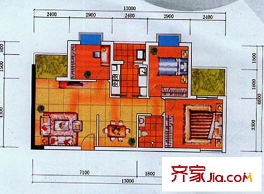 雙櫻閣戶型圖一期F戶型平面圖 2室1廳2衛(wèi)1廚