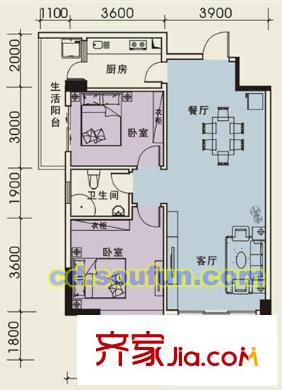 美麗南庭戶型圖B1+型 2室2廳1衛(wèi)1廚